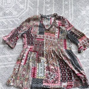 Patchwork V-Neck Boho Tunic in Multi Pink